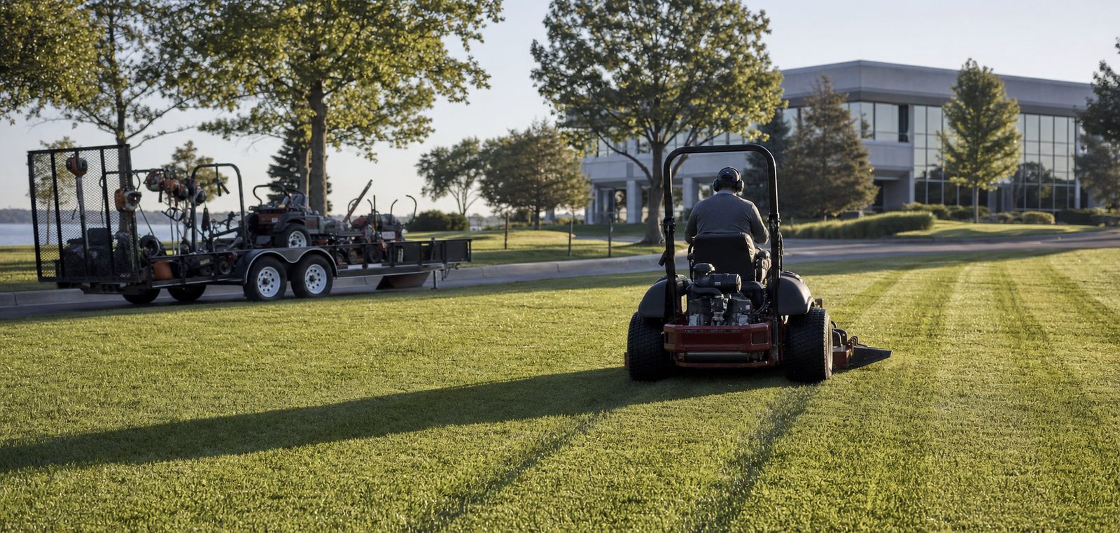 A zero-turn mower cutting crisp stripes across a large office park lawn