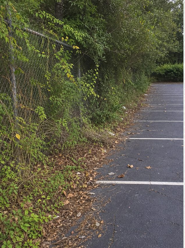 Fence line along a parking lot swallowed by overgrowth before clearing