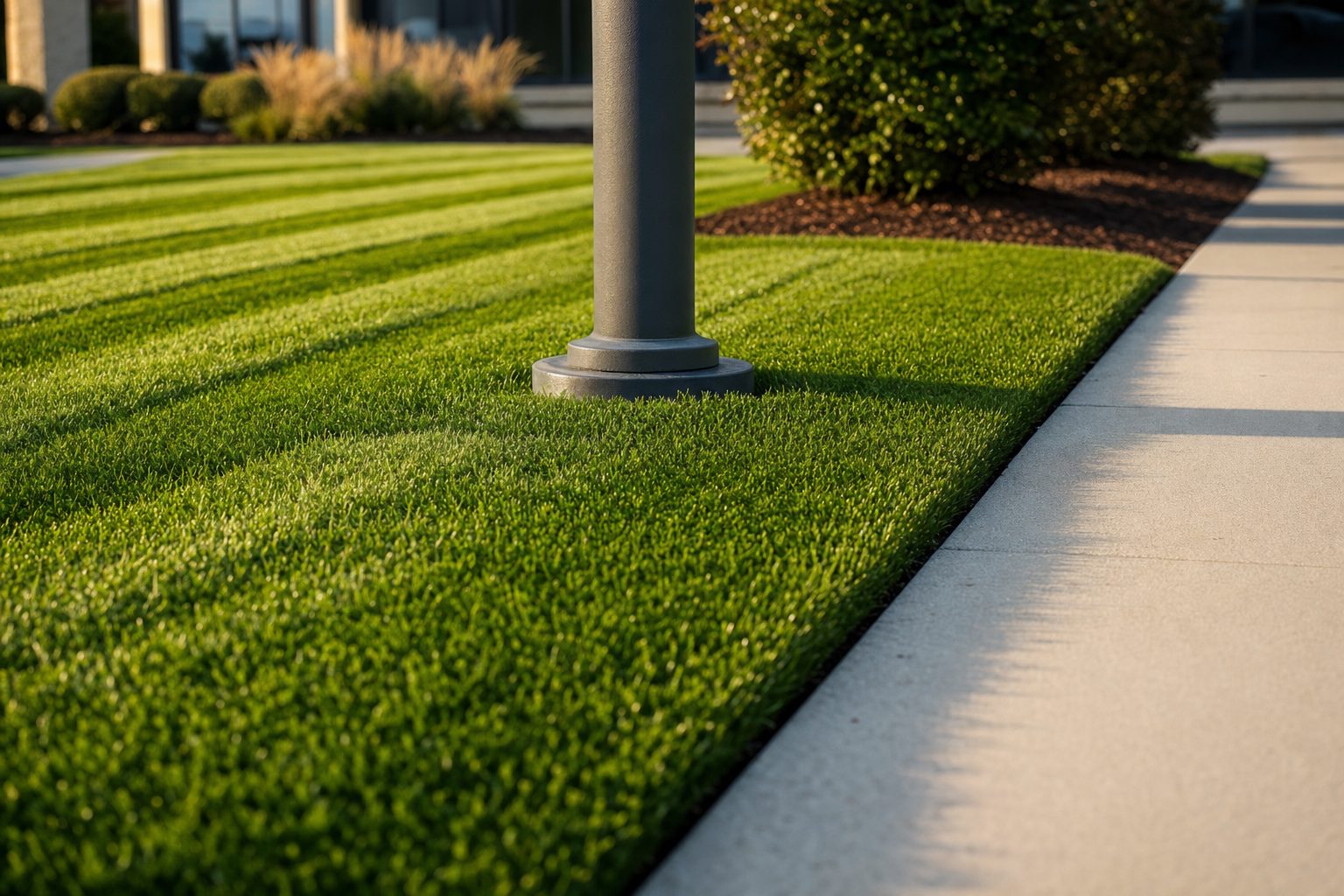 A razor-sharp hand-cut edge where striped green turf meets a spotless concrete sidewalk