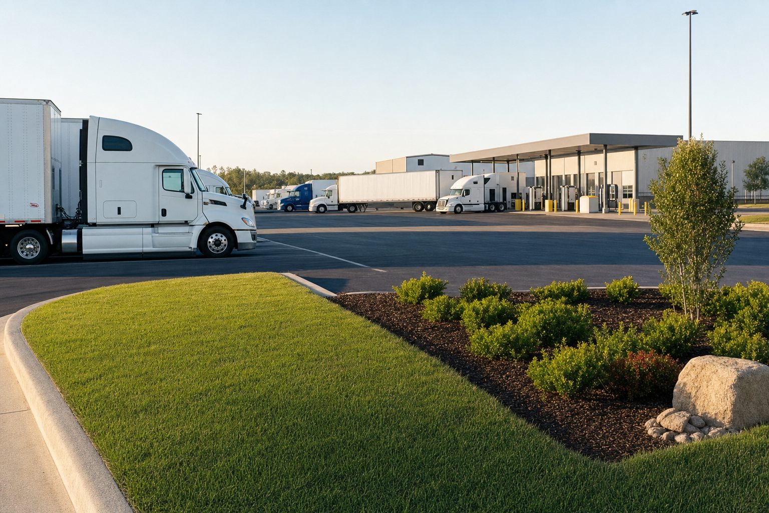 Clean mowed grass strip, curb line, and mulch bed along a truck parking lot at an industrial site