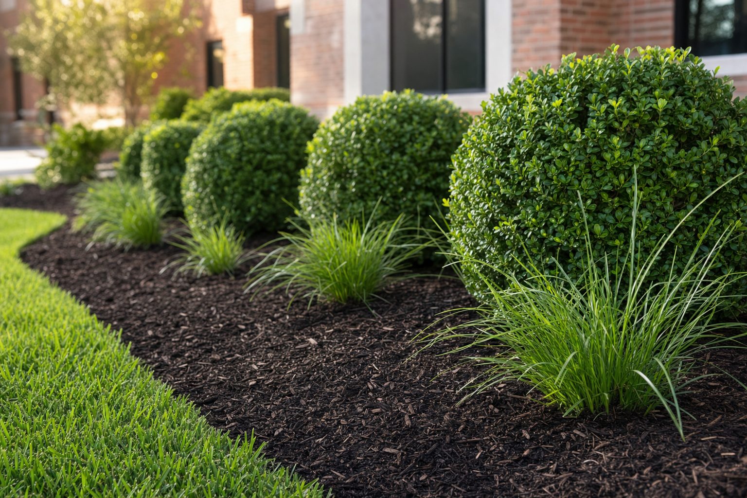 Freshly installed dark mulch bed with a crisp cut edge against a green lawn