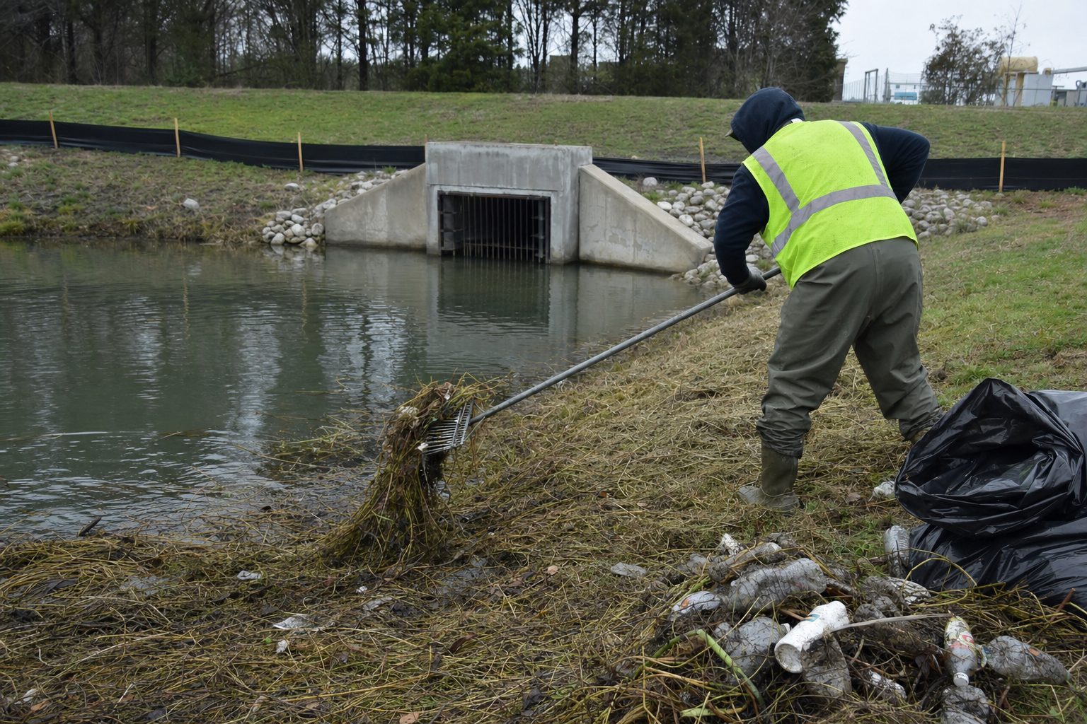 A worker in a high-visibility vest raking trash and matted vegetation out of a stormwater pond next to a concrete outfall
