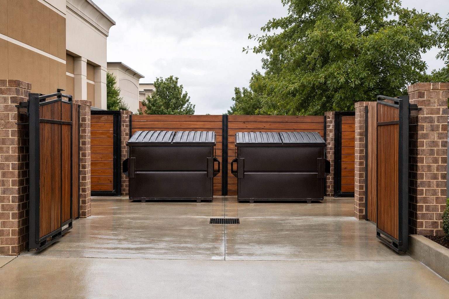 A spotless commercial dumpster enclosure with a freshly washed concrete pad