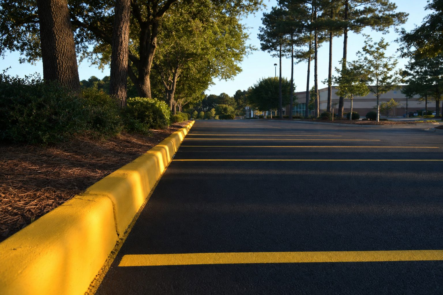 Freshly painted yellow parking lot lines and a bright painted curb on dark asphalt