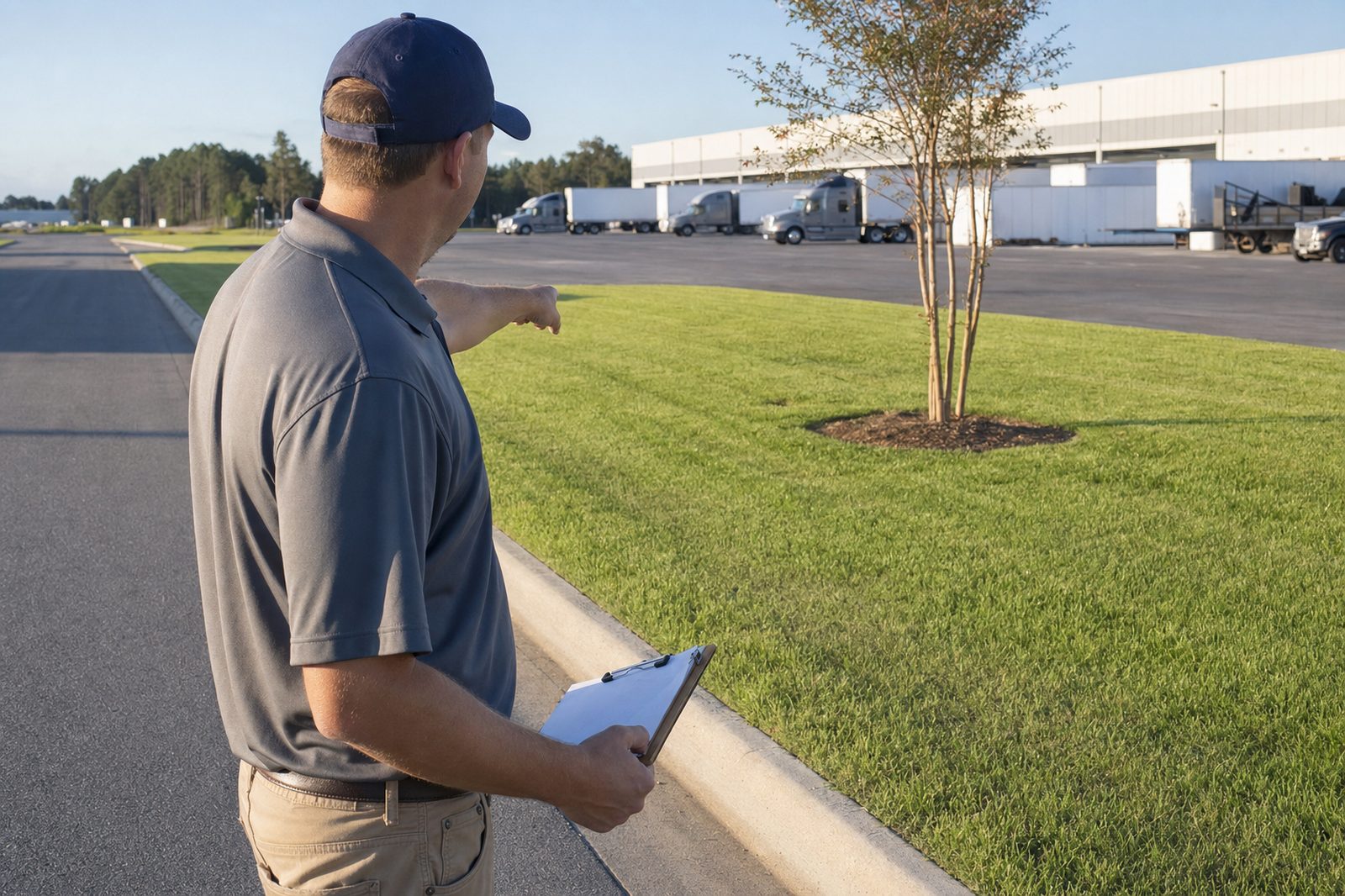 A contractor with a clipboard walking an industrial site, pointing out a grass median beside a truck lot