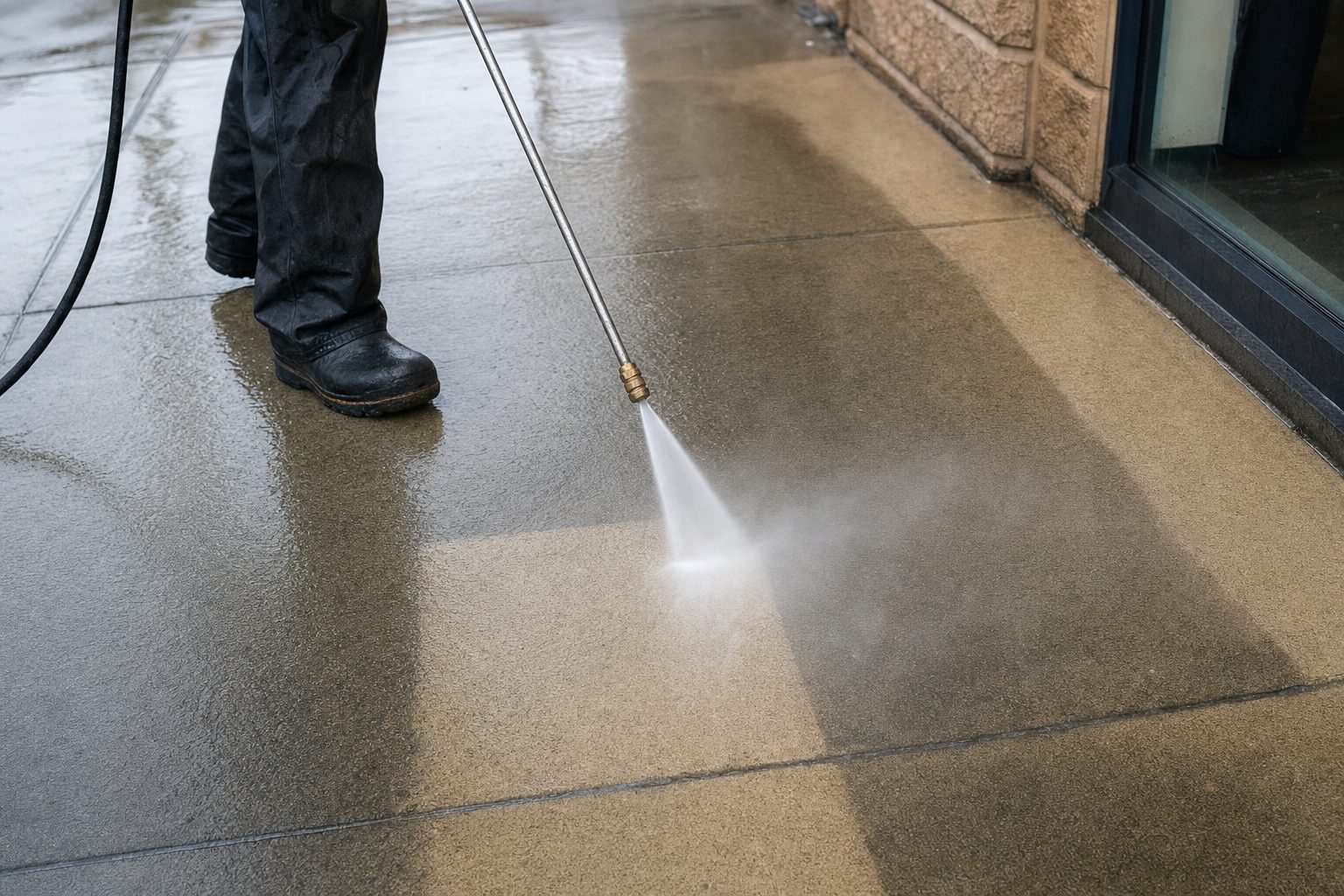 Pressure washing cutting a clean stripe through a dirty concrete sidewalk